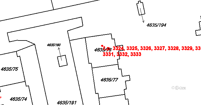Modřany 3324,3325,3326,3327,, Praha na parcele st. 4635/79 v KÚ Modřany, Katastrální mapa