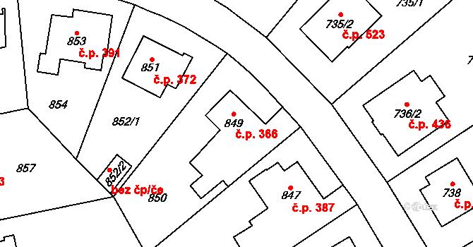 Nebušice 366, Praha na parcele st. 849 v KÚ Nebušice, Katastrální mapa