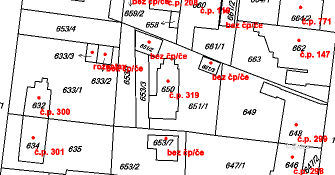 Čimice 319, Praha na parcele st. 650 v KÚ Čimice, Katastrální mapa