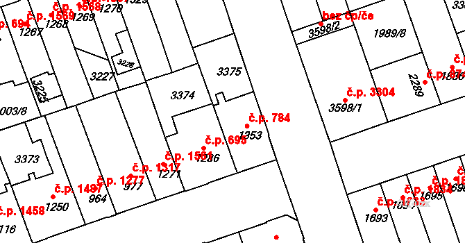 Hodonín 784 na parcele st. 1353 v KÚ Hodonín, Katastrální mapa