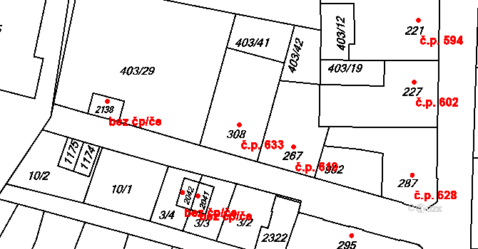 Hodolany 633, Olomouc na parcele st. 308 v KÚ Hodolany, Katastrální mapa