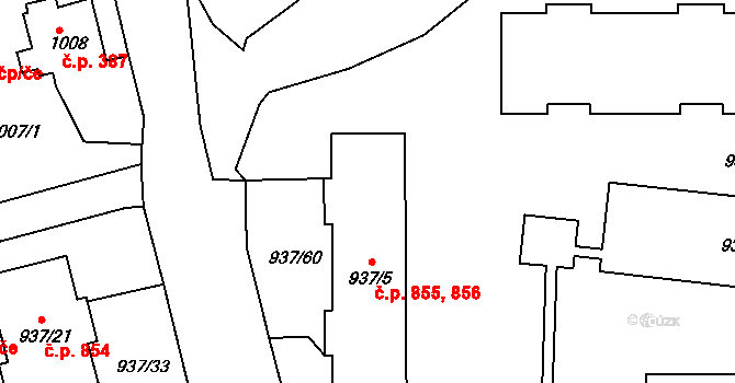 Teplické Předměstí 855,856, Bílina na parcele st. 937/5 v KÚ Bílina, Katastrální mapa