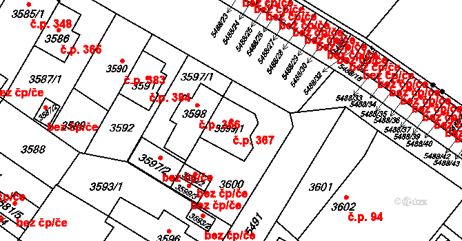 Božkov 367, Plzeň na parcele st. 3599/1 v KÚ Plzeň, Katastrální mapa