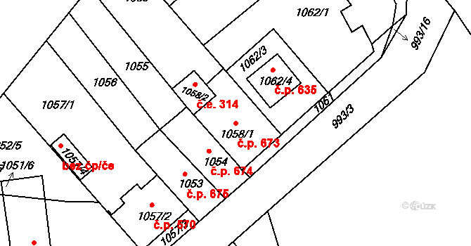 Dolní Kounice 673 na parcele st. 1058/1 v KÚ Dolní Kounice, Katastrální mapa