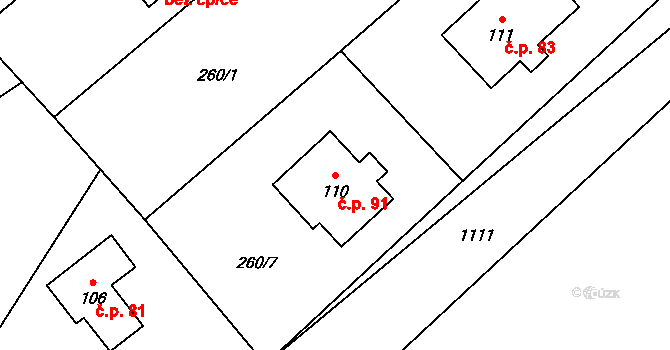 Úhřetická Lhota 91 na parcele st. 110 v KÚ Úhřetická Lhota, Katastrální mapa