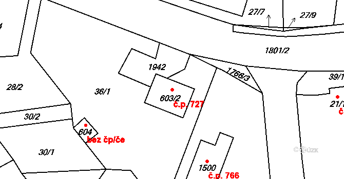 Horní Bříza 727 na parcele st. 603/2 v KÚ Horní Bříza, Katastrální mapa