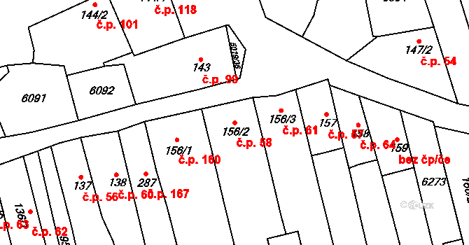 Popovice 58 na parcele st. 156/2 v KÚ Popovice u Uherského Hradiště, Katastrální mapa