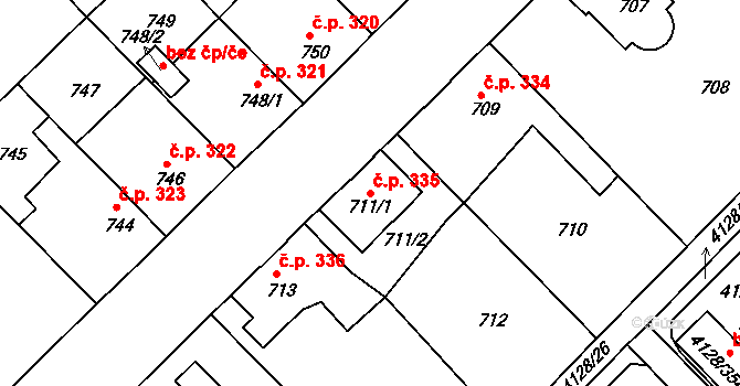 Choceňské Předměstí 335, Vysoké Mýto na parcele st. 711/1 v KÚ Vysoké Mýto, Katastrální mapa