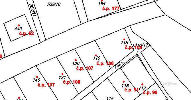 Lužec nad Vltavou 106 na parcele st. 119 v KÚ Lužec nad Vltavou, Katastrální mapa