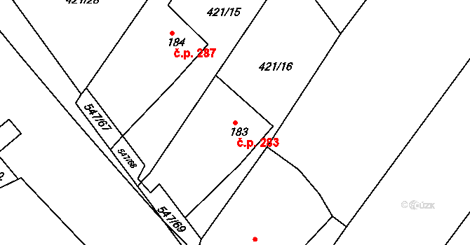 Lubina 283, Kopřivnice na parcele st. 183 v KÚ Drnholec nad Lubinou, Katastrální mapa