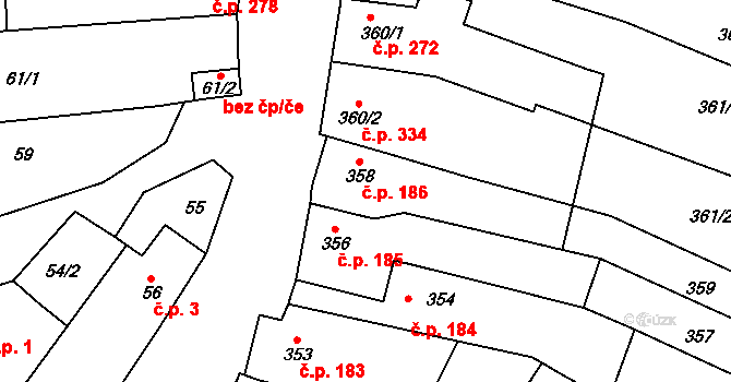 Pouzdřany 186 na parcele st. 358 v KÚ Pouzdřany, Katastrální mapa