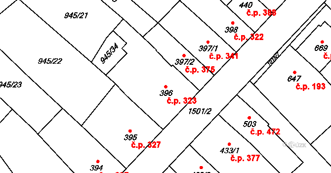 Kvasice 323 na parcele st. 396 v KÚ Kvasice, Katastrální mapa