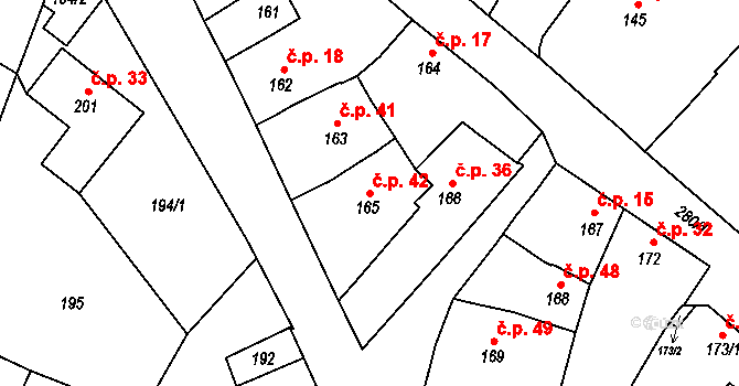 Tetětice 42, Počenice-Tetětice na parcele st. 165 v KÚ Tetětice, Katastrální mapa