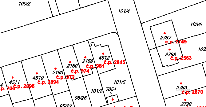 Kroměříž 2845 na parcele st. 4512 v KÚ Kroměříž, Katastrální mapa