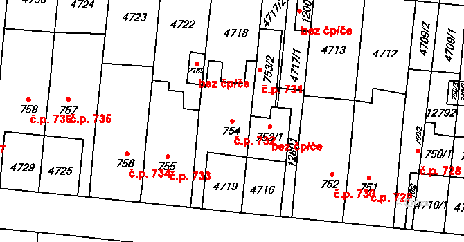 Hrušovany nad Jevišovkou 732 na parcele st. 754 v KÚ Hrušovany nad Jevišovkou, Katastrální mapa