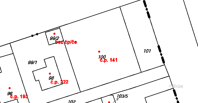 Antonínův Důl 141, Jihlava na parcele st. 100 v KÚ Antonínův Důl, Katastrální mapa