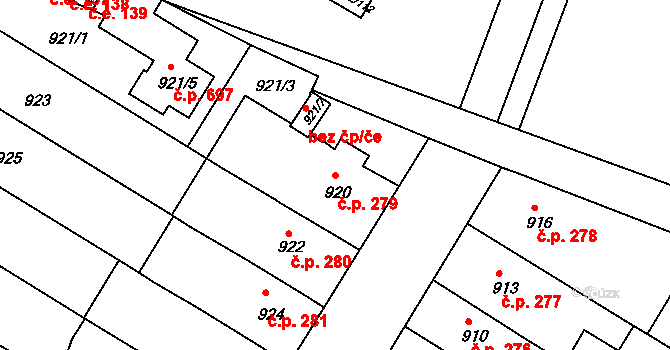 Hrušovany u Brna 279 na parcele st. 920 v KÚ Hrušovany u Brna, Katastrální mapa