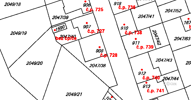 Polná 728 na parcele st. 908 v KÚ Polná, Katastrální mapa