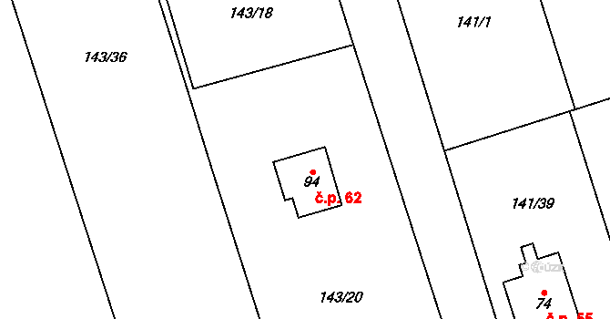 Podbrdy 62 na parcele st. 94 v KÚ Podbrdy, Katastrální mapa
