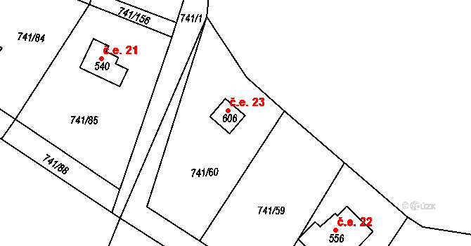 Hudlice 23 na parcele st. 606 v KÚ Hudlice, Katastrální mapa