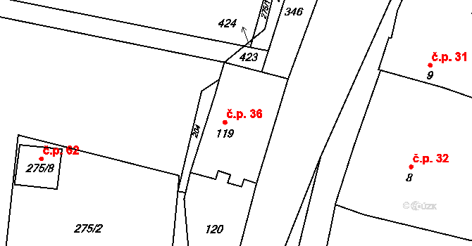 Lány 36, Kostomlaty nad Labem na parcele st. 119 v KÚ Lány u Kostomlat nad Labem, Katastrální mapa