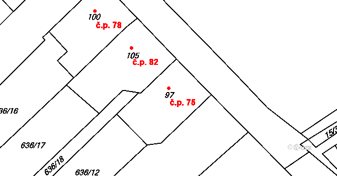Kuroslepy 75 na parcele st. 97 v KÚ Kuroslepy, Katastrální mapa