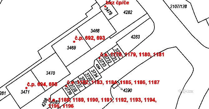 Komín 1178,1179,1180,1181, Brno na parcele st. 3730 v KÚ Komín, Katastrální mapa
