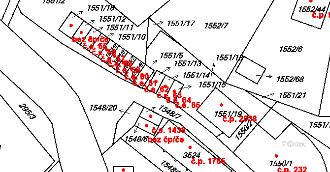 Pelhřimov 64 na parcele st. 1551/14 v KÚ Pelhřimov, Katastrální mapa