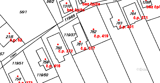 Halenkov 377 na parcele st. 761 v KÚ Halenkov, Katastrální mapa