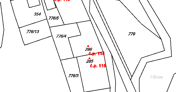 Študlov 114 na parcele st. 286 v KÚ Študlov, Katastrální mapa