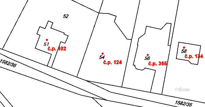 Dolní Počernice 124, Praha na parcele st. 54 v KÚ Dolní Počernice, Katastrální mapa