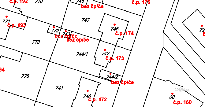 Satalice 173, Praha na parcele st. 742 v KÚ Satalice, Katastrální mapa