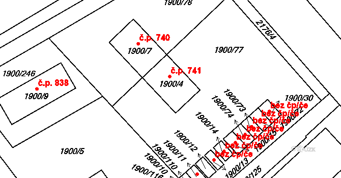 Uhříněves 741, Praha na parcele st. 1900/4 v KÚ Uhříněves, Katastrální mapa