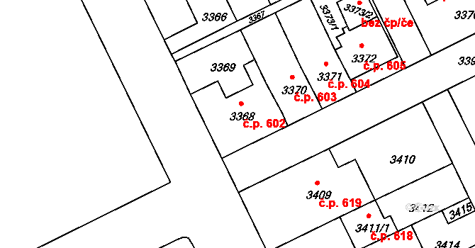 Záběhlice 602, Praha na parcele st. 3368 v KÚ Záběhlice, Katastrální mapa