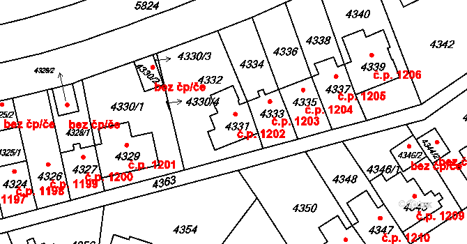 Záběhlice 1202, Praha na parcele st. 4331 v KÚ Záběhlice, Katastrální mapa