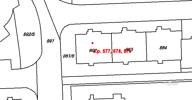 Háje 577,578,579, Praha na parcele st. 862 v KÚ Háje, Katastrální mapa