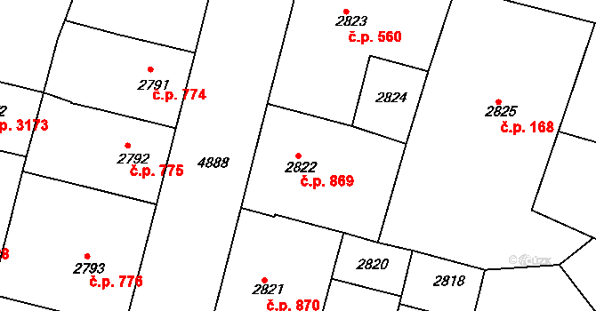 Smíchov 869, Praha na parcele st. 2822 v KÚ Smíchov, Katastrální mapa