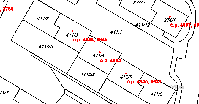 Chomutov 4644 na parcele st. 411/4 v KÚ Chomutov I, Katastrální mapa