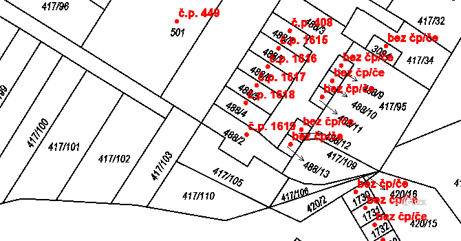 Bystřice pod Hostýnem 1619 na parcele st. 488/2 v KÚ Bystřice pod Hostýnem, Katastrální mapa