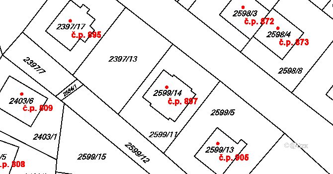 Protivín 897 na parcele st. 2599/14 v KÚ Protivín, Katastrální mapa