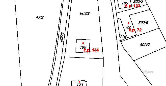 Konojedy 134 na parcele st. 186 v KÚ Konojedy, Katastrální mapa