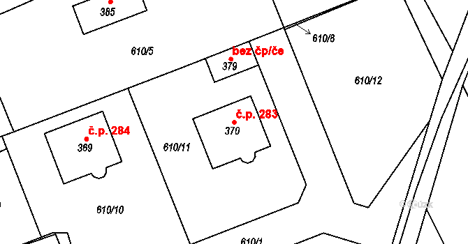 Unčín 283, Krupka na parcele st. 370 v KÚ Unčín u Krupky, Katastrální mapa