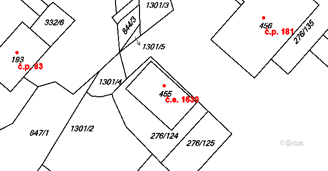Děčín XXVII-Březiny 1630, Děčín na parcele st. 455 v KÚ Březiny u Děčína, Katastrální mapa