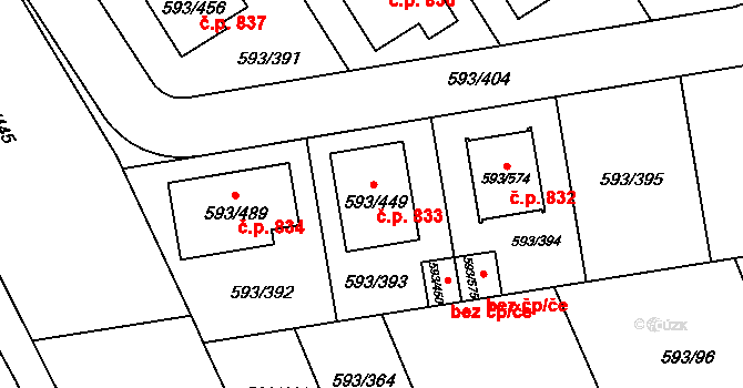 Rajhrad 833 na parcele st. 593/449 v KÚ Rajhrad, Katastrální mapa