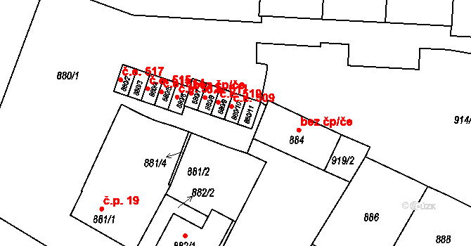 Bučovice 509 na parcele st. 880/10 v KÚ Bučovice, Katastrální mapa
