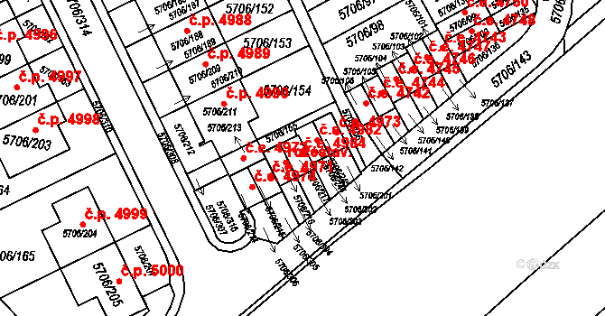 Jihlava 4984 na parcele st. 5706/217 v KÚ Jihlava, Katastrální mapa
