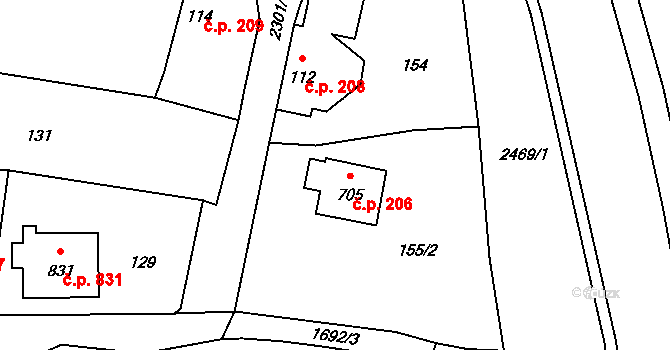 Vlašim 206 na parcele st. 705 v KÚ Vlašim, Katastrální mapa