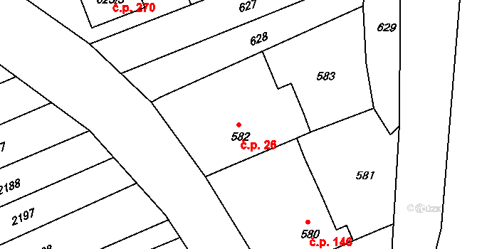 Milešovice 26 na parcele st. 582 v KÚ Milešovice, Katastrální mapa