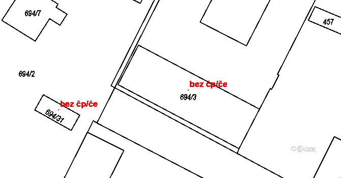 Zruč-Senec 41364724 na parcele st. 694/3 v KÚ Zruč, Katastrální mapa