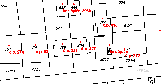 Louky 327, Zlín na parcele st. 490 v KÚ Louky nad Dřevnicí, Katastrální mapa